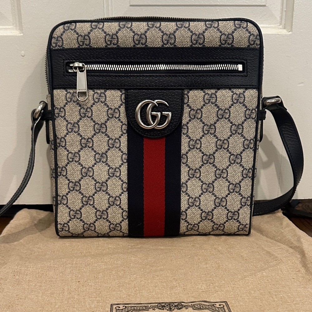 Authentic Gucci Beige and Blue Messenger Bag with Red Stripe